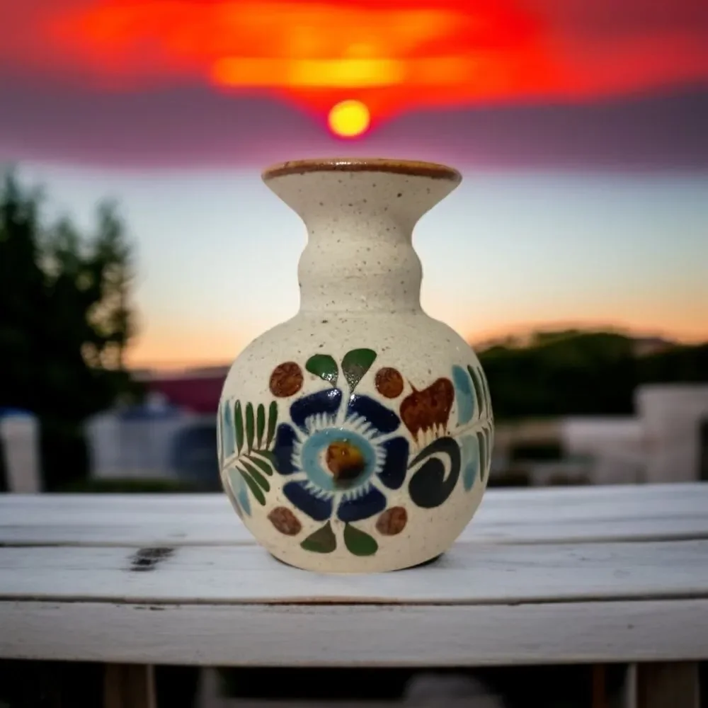 Tonala Pottery Bud Vase MINI Mexico Floral Sandstone Handpainted Signed Western.